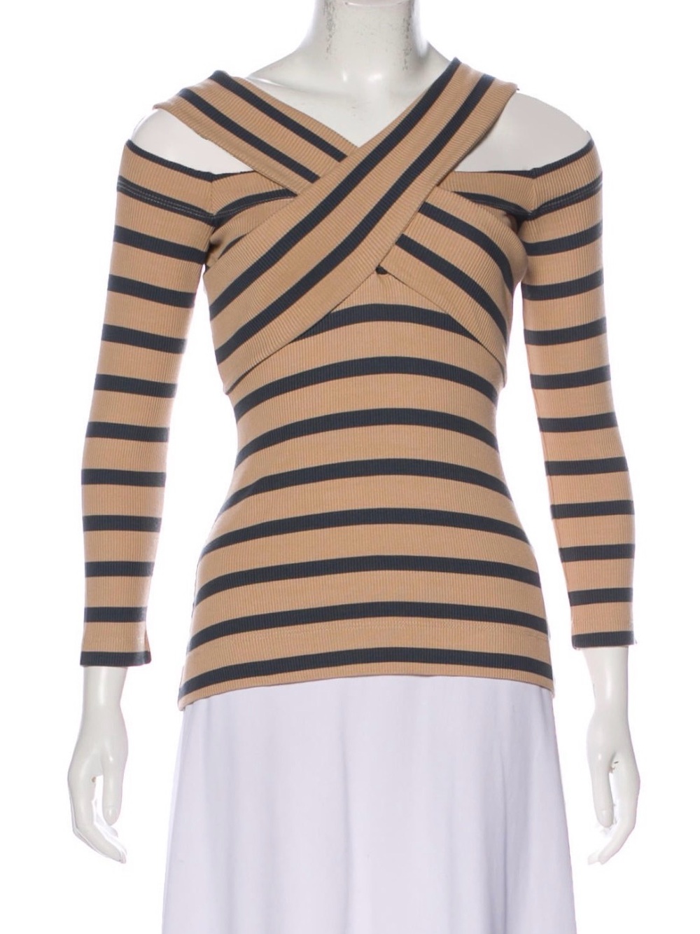 L'AGENCE Camel & Gray Striped Cold-Shoulder Ribbed Top